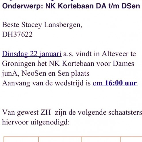 Uitgenodigd voor NK Kortebaan in Groningen.  Super leuk. Hopen op mee doen. #reserve #NK #kortebaan #schaatsen #natuurijs #sprint